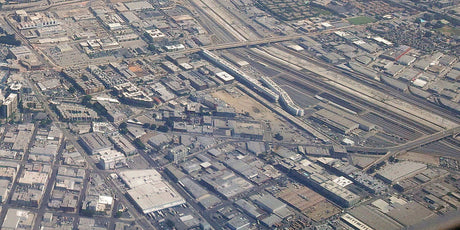 Aerial view of Los Angeles rail yards as Amtrak facility switches to AIM lubricant replacing toxic products