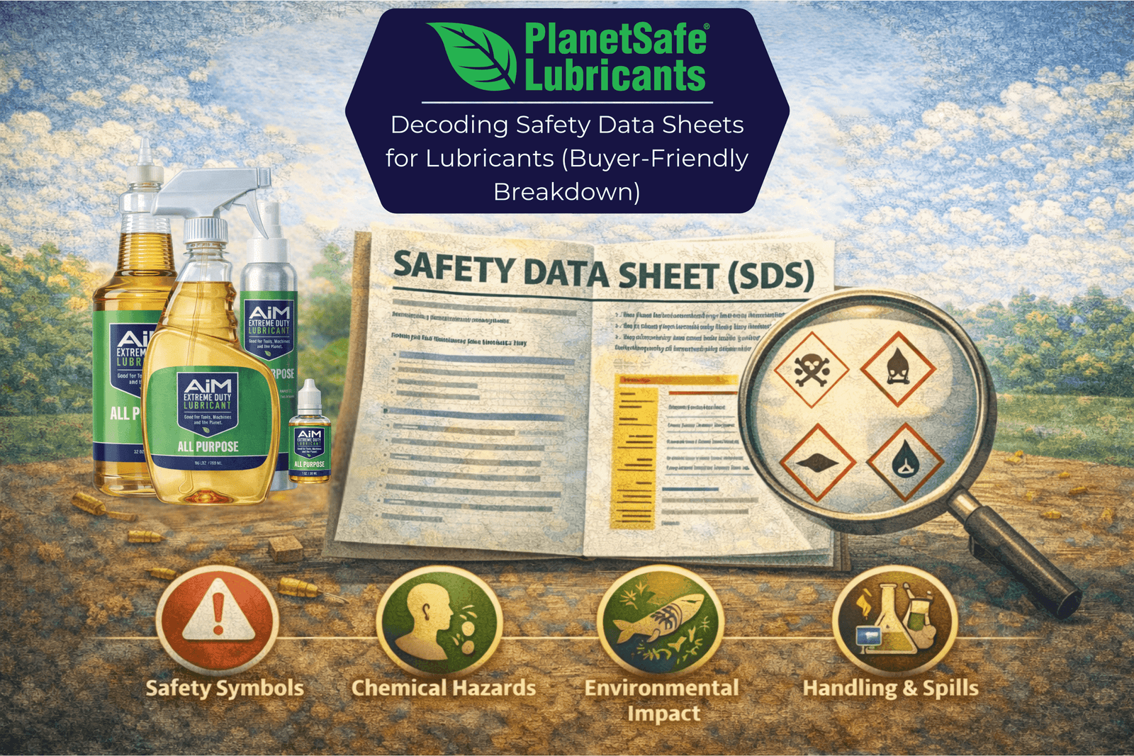 Decoding Safety Data Sheets for Lubricants (Buyer-Friendly Breakdown) with AiM Extreme Duty Lubricant products and safety icons.
