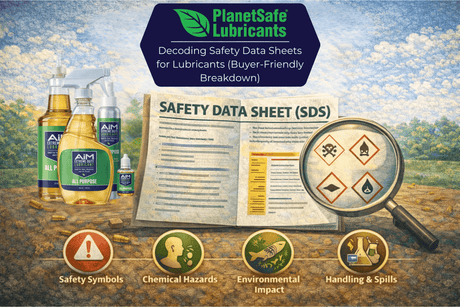 Decoding Safety Data Sheets for Lubricants (Buyer-Friendly Breakdown) with AiM Extreme Duty Lubricant products and safety icons.