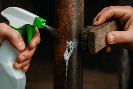 The Ultimate Rust Removal Guide: How to Remove Rust from Tools, Cars, and More - spraying and scrubbing rusted metal