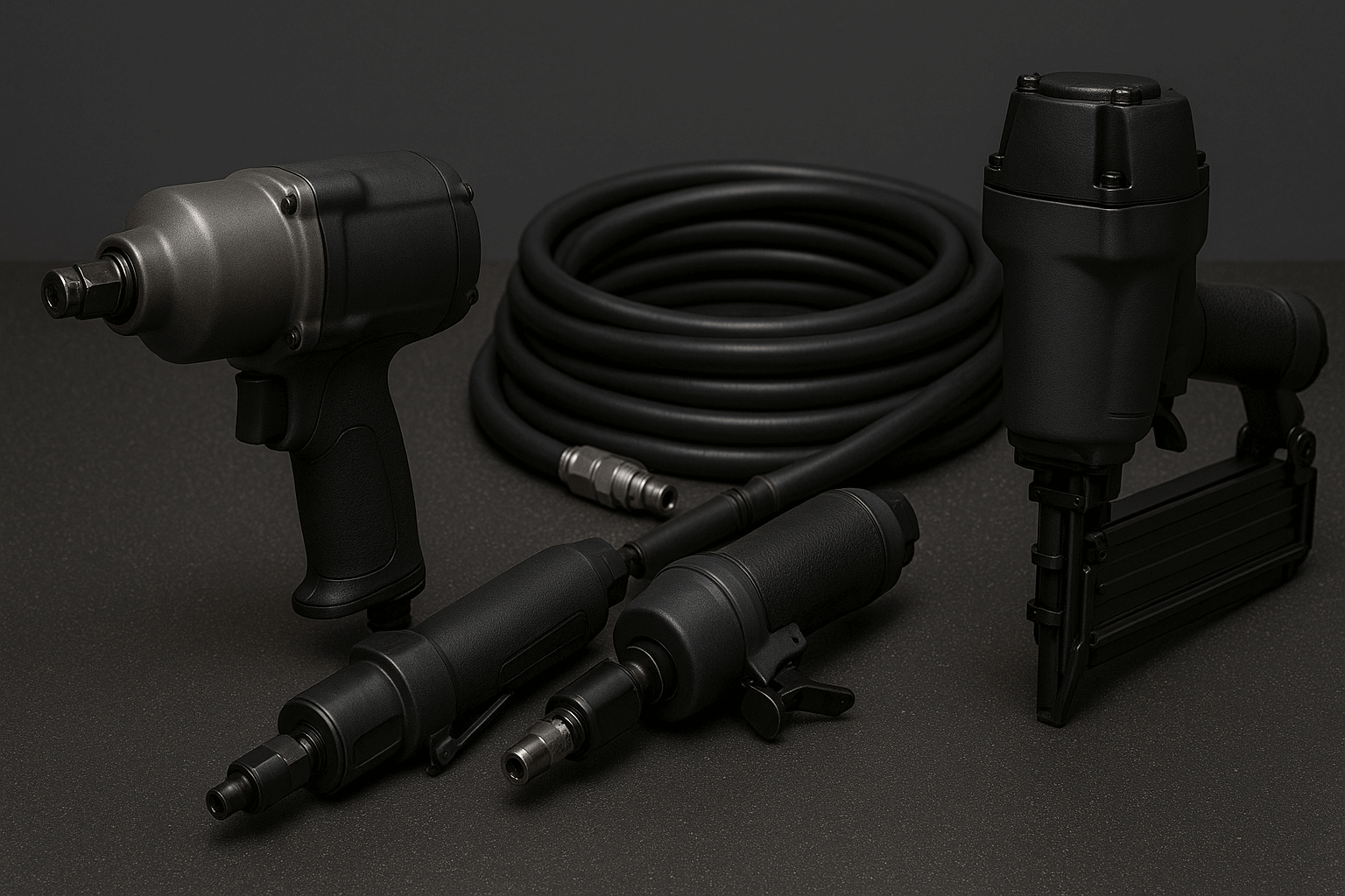 Various pneumatic tools on a table, representing steps on How to Lubricate Air Tools for optimal performance.
