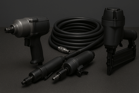 Various pneumatic tools on a table, representing steps on How to Lubricate Air Tools for optimal performance.