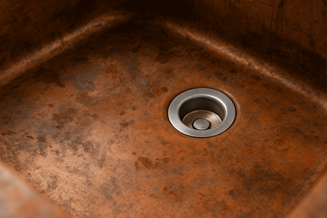 Close-up of a copper sink interior showing tarnish and stains, essential for articles on how to clean a copper sink effectively.