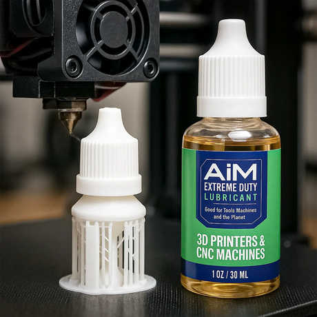 AiM Extreme Duty Lubricant for 3D printers and CNC machines on a table illustrating Why CNC Dust Contamination Demands High-Performance Lubrication.