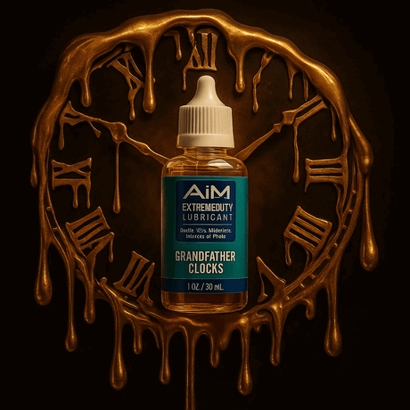 Horology lubricant bottle against clock backdrop - Why Precision Clock Lubrication Is Critical for Long-Term Performance