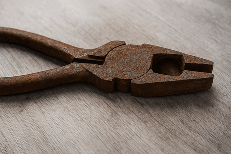 Rusty pliers on a wooden surface showing need for "How to Remove Rust from Pliers" guide.