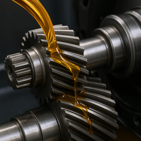 Gears being lubricated with oil, showcasing long-lasting equipment lubrication for optimal performance and durability.