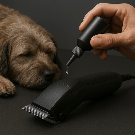 How to Lubricate Pet Clippers: Applying oil to pet clippers next to a relaxed dog, ensuring smooth grooming.