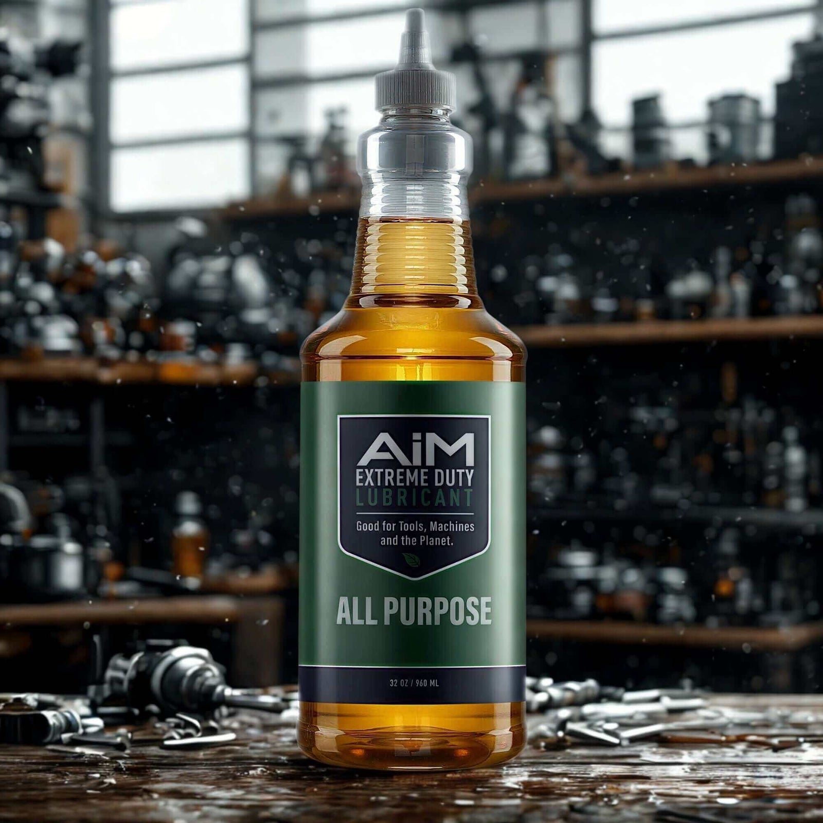 Bottle of PlanetSafe AiM All Purpose Lubricant in workshop, emphasizing its superiority in 'All Purpose Lubricant Beats the Rest'.