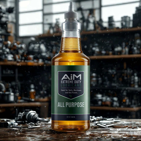 Bottle of PlanetSafe AiM All Purpose Lubricant in workshop, emphasizing its superiority in 'All Purpose Lubricant Beats the Rest'.