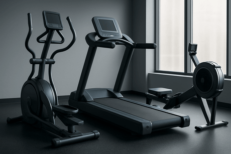 Gym equipment including treadmill, exercise bike, and rowing machine. Learn how to lubricate exercise equipment for smooth workouts.