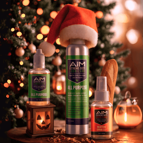 Christmas decorations with AiM Extreme Duty lubricants for winter maintenance checklist.