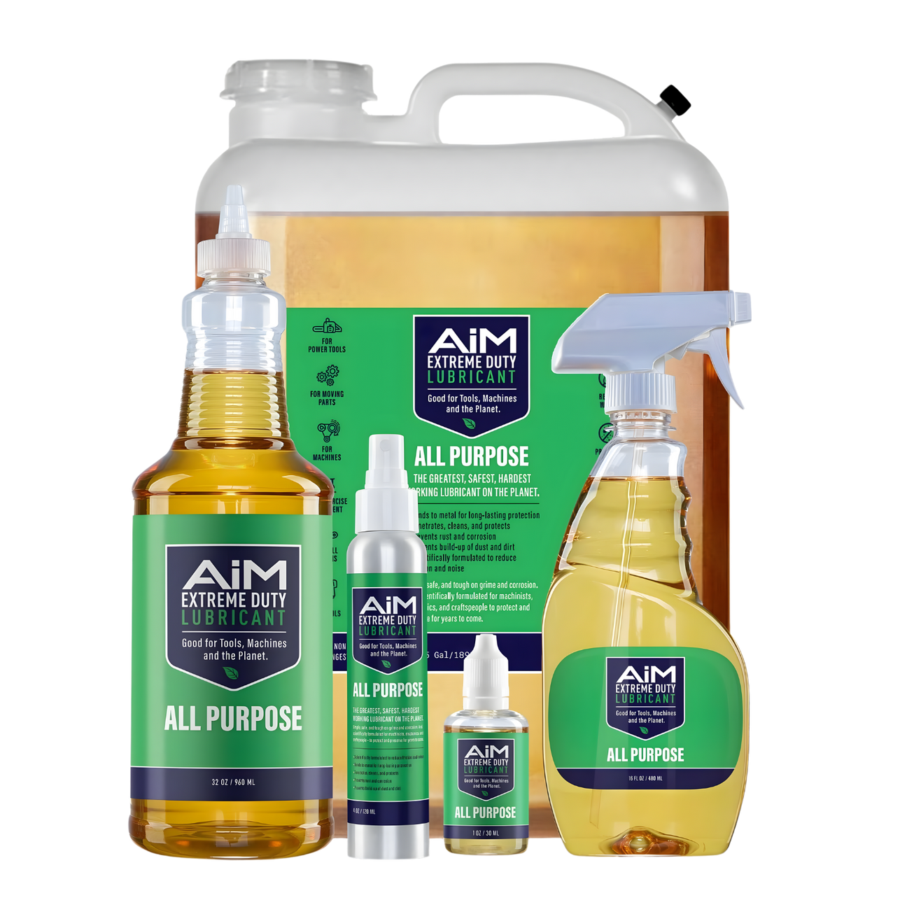 AiM Extreme Duty all purpose lubricant collection with jug, spray bottle, and squeeze bottles for tools, machines, and metal parts