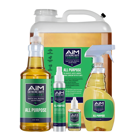 AiM Extreme Duty all purpose lubricant collection with jug, spray bottle, and squeeze bottles for tools, machines, and metal parts