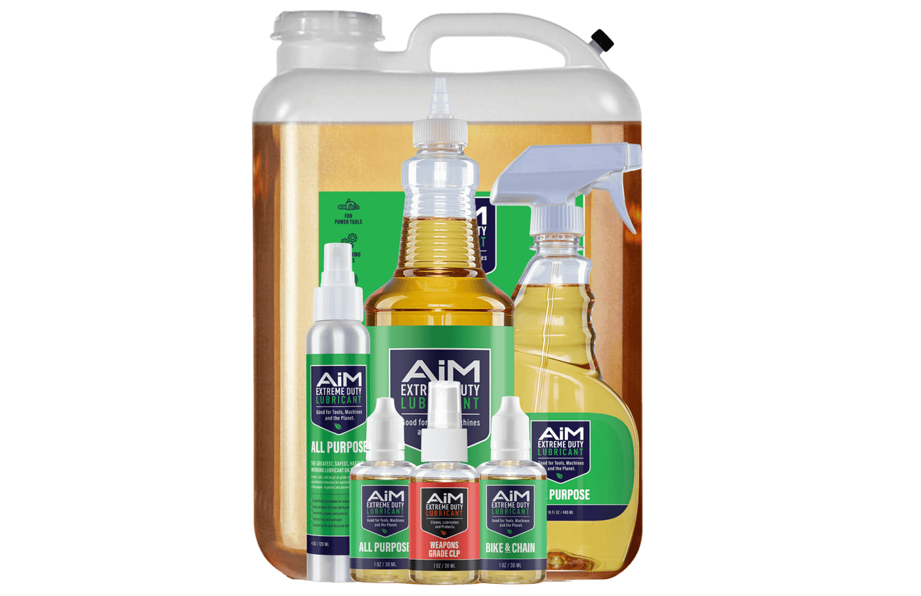 AiM Extreme Duty Lubricant kit with all-purpose cleaner spray, trigger bottle, and large jug for extreme duty cleaning