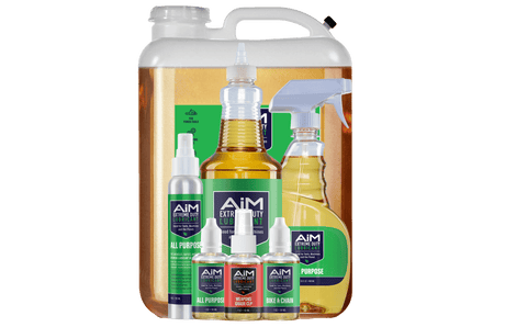 AiM Extreme Duty Lubricant kit with all-purpose cleaner spray, trigger bottle, and large jug for extreme duty cleaning