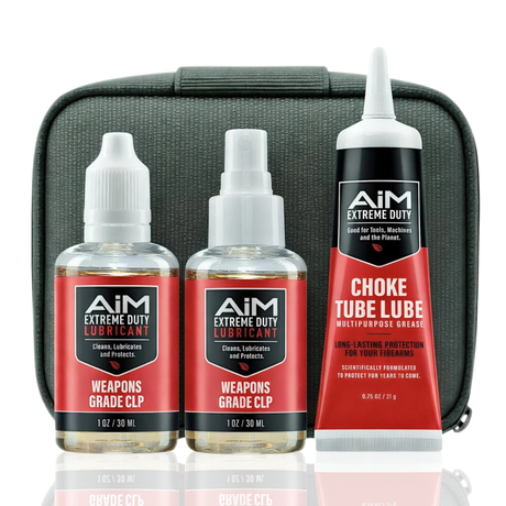 Aim Extreme Duty lubricant and choke tube lube with a carrying case on a white background