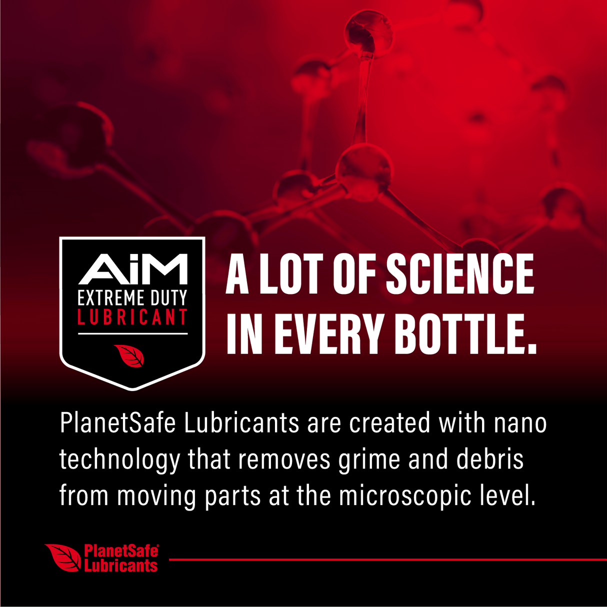 AiM Extreme Duty Lubricant infographic highlighting nano technology for cleaning moving parts at microscopic level, PlanetSafe Lubricants.