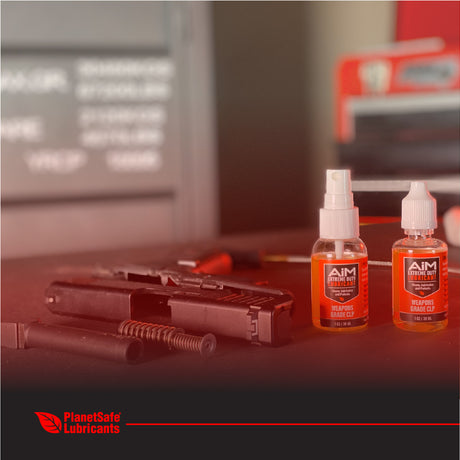 AiM Weapons Grade CLP Pistol Cleaner (2x1oz + 2 applicator bottles) with eco-friendly, non-toxic, rust prevention features for firearms.