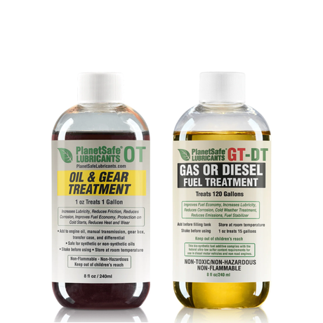 Two bottles of PlanetSafe Lubricants with labels for oil & gear treatment and gas or diesel fuel treatment on a white background.