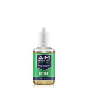 Alt Tag: AiM Knives Lubricant (Specialty, 1 oz) knife pivot oil prevents corrosion, repels grit and lint, helps stiff blades fall shut