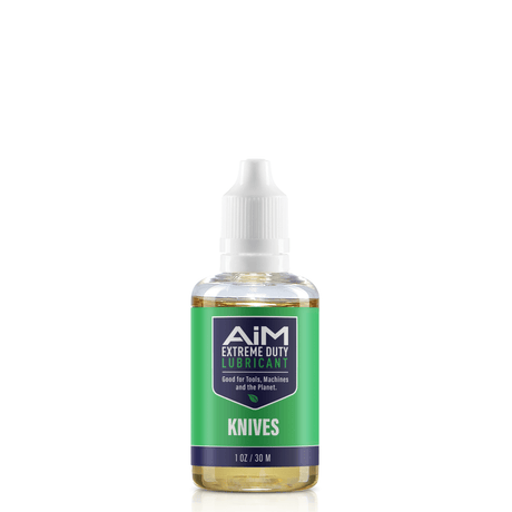Alt Tag: AiM Knives Lubricant (Specialty, 1 oz) knife pivot oil prevents corrosion, repels grit and lint, helps stiff blades fall shut