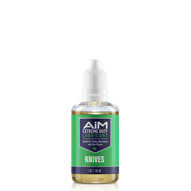 Alt Tag: AiM Knives Lubricant (Specialty, 1 oz) knife pivot oil prevents corrosion, repels grit and lint, helps stiff blades fall shut