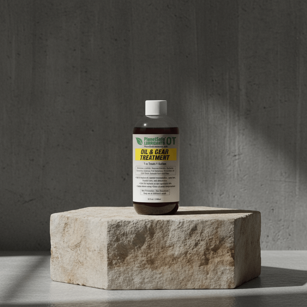 Bottle of oil and gear treatment on a stone block with a gray background