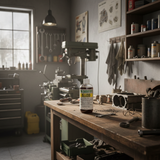 Workshop with tools and a bottle of oil on a workbench