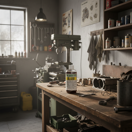 Workshop with tools and a bottle of oil on a workbench