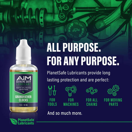 Alt Tag: AiM Grandfather Clocks Lubricant (Specialty, 1 oz) bottle with needle-tip for clock gears, all-purpose long-lasting lubricant