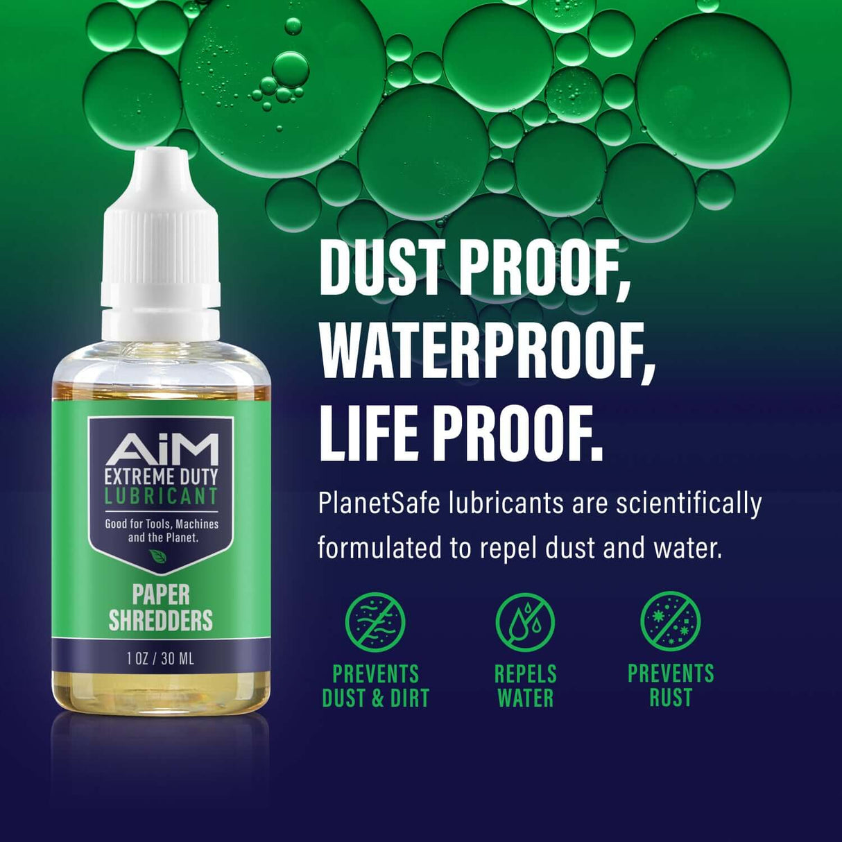 AiM Paper Shredder Lubricant 1 oz bottle preventing rust and repelling water, eco-friendly and non-toxic.