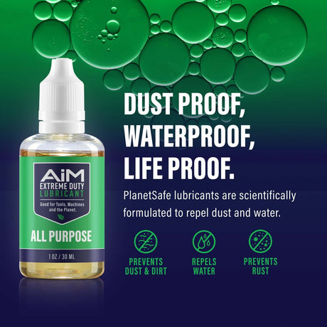 AiM All Purpose Lubricant 1oz bottle against green bubble background highlighting waterproof, dust-proof features.