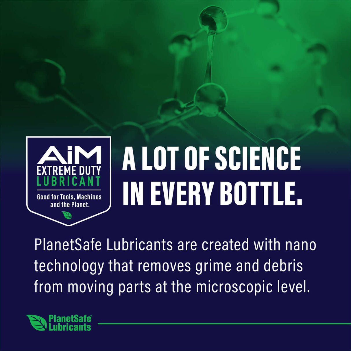 PlanetSafe Lubricants featuring nano technology for grime removal and protection, slogan: 'A lot of science in every bottle.'