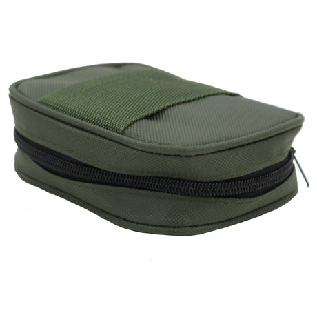 Green tactical pouch with zipper closure, suitable for carrying small accessories or tools. Durable fabric design for outdoor use.
