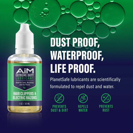 AiM Hair Clippers & Electric Razors Lubricant (Specialty, 1 oz) bottle with dust proof, waterproof, life proof message; prevents rust