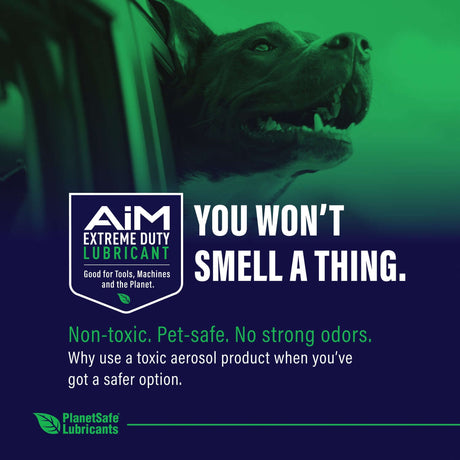 Alt Tag: AiM Bike & Chain Lubricant Bundle (1 oz precision & 2 oz yorker) ad with dog in car window, AiM Extreme Duty Lubricant, no odor, non-toxic