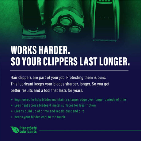 AiM Hair Clippers & Electric Razors Lubricant (Specialty, 1 oz) ad showing clipper lubricant benefits: cooler blades, less friction, rust prevention
