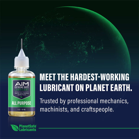 AiM Hedge Trimmer & Chainsaw Lubricant Bundle (Specialty, 1oz + 4oz) eco-friendly rust prevention lubricant in front of planet image.