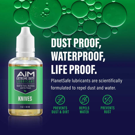 Alt Tag: AiM Knives Lubricant (Specialty, 1 oz) bottle - dustproof waterproof knife pivot lubricant repels water prevents rust