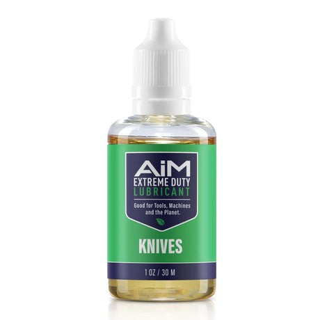 Alt Tag: AiM Knives Lubricant (Specialty, 1 oz) bottle for knife pivots, helps blades fall shut, protects from grit and lint, prevents corrosion