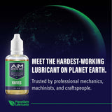Alt Tag: AiM Knives Lubricant (Specialty, 1 oz) bottle ad, extreme duty knife lubricant trusted by mechanics, protects pivots from grit