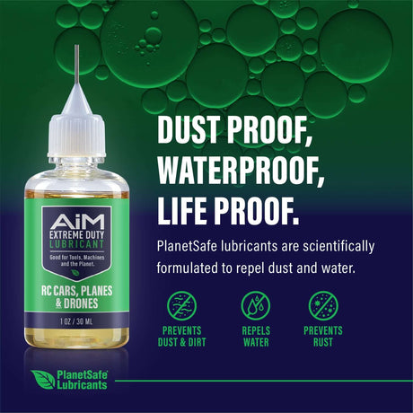 Alt Tag: AiM RC Cars, Planes & Drones Lubricant (Specialty, 1 oz) bottle dust proof waterproof lubricant safe for plastics, protects servo gears bearings