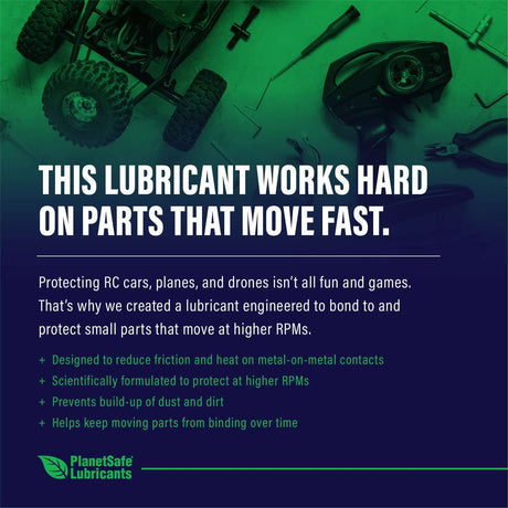 AiM RC Cars, Planes & Drones Lubricant (Specialty, 1 oz) ad showing RC truck and controller, protects fast-moving parts, reduces friction
