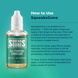 Alt Tag: SqueaksGone All-Purpose Lubricant (Specialty, 1 oz) how-to-use graphic showing bottle and instructions to stop household squeaks