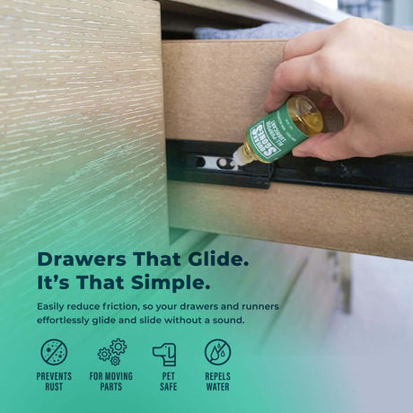 SqueaksGone All-Purpose Lubricant (Specialty, 1 oz) applied to drawer slide to reduce friction and stop squeaks