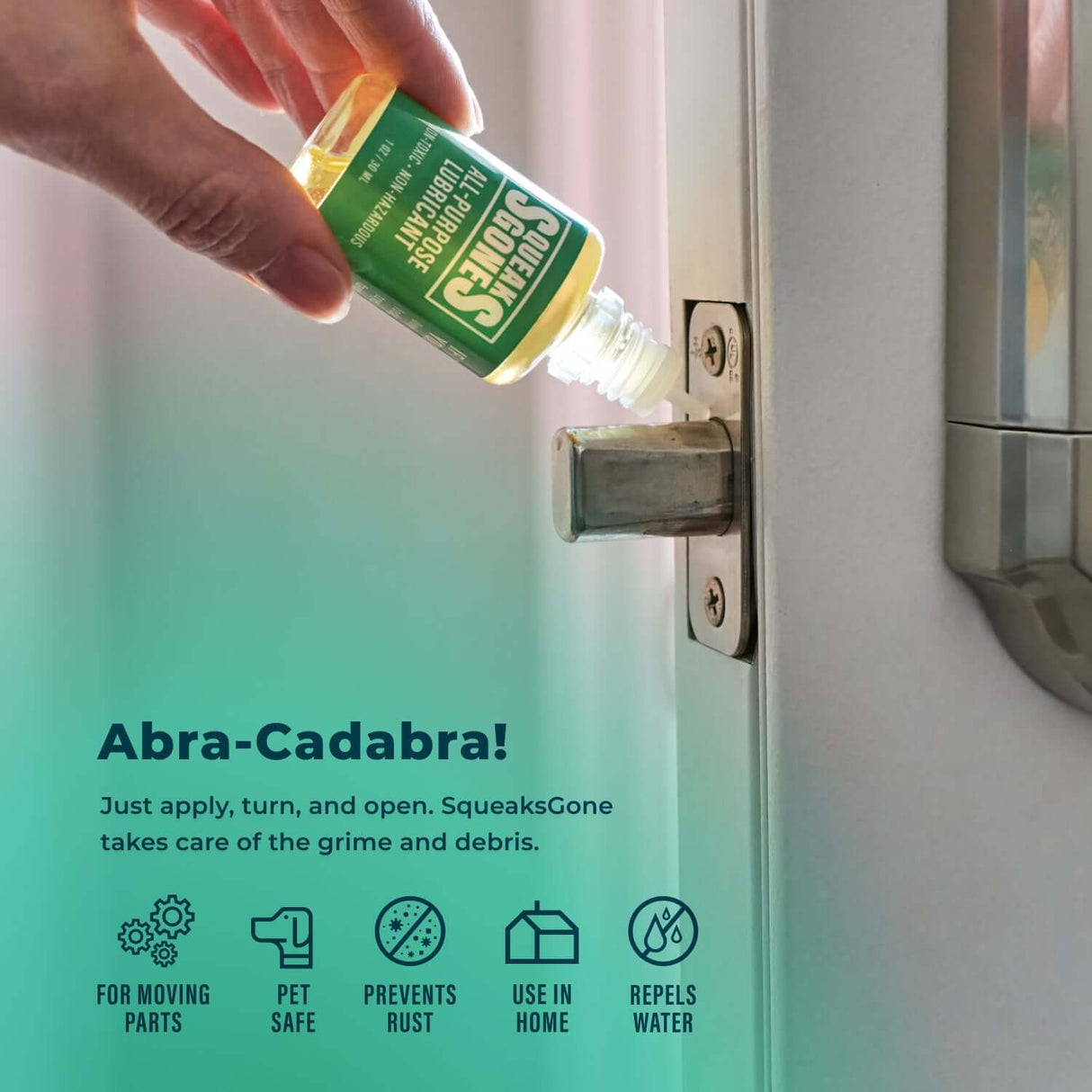 SqueaksGone All-Purpose Lubricant (Specialty, 1 oz) applied to door latch to stop squeaks, penetrate deep, prevent rust, repel water