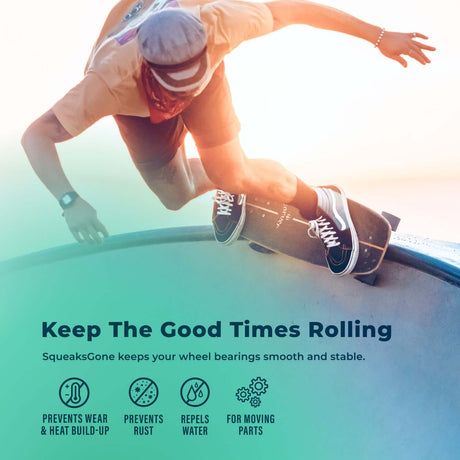 SqueaksGone All-Purpose Lubricant (Specialty, 1 oz) skateboarder ad for smooth bearings, prevents wear, rust, repels water