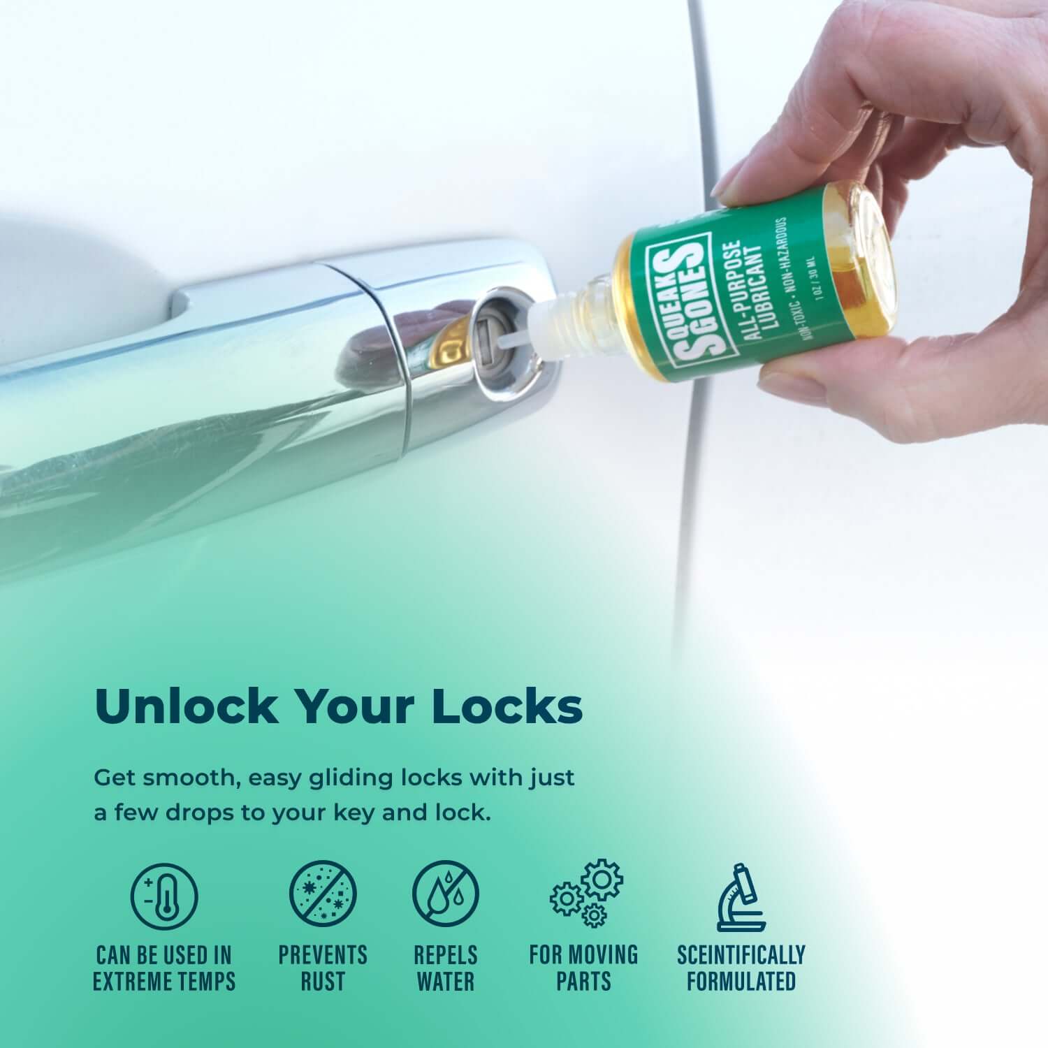 SqueaksGone All-Purpose Lubricant (Specialty, 1 oz) applied to door lock for smooth gliding, repels water and prevents rust