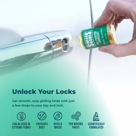 SqueaksGone All-Purpose Lubricant (Specialty, 1 oz) applied to door lock for smooth gliding, repels water and prevents rust